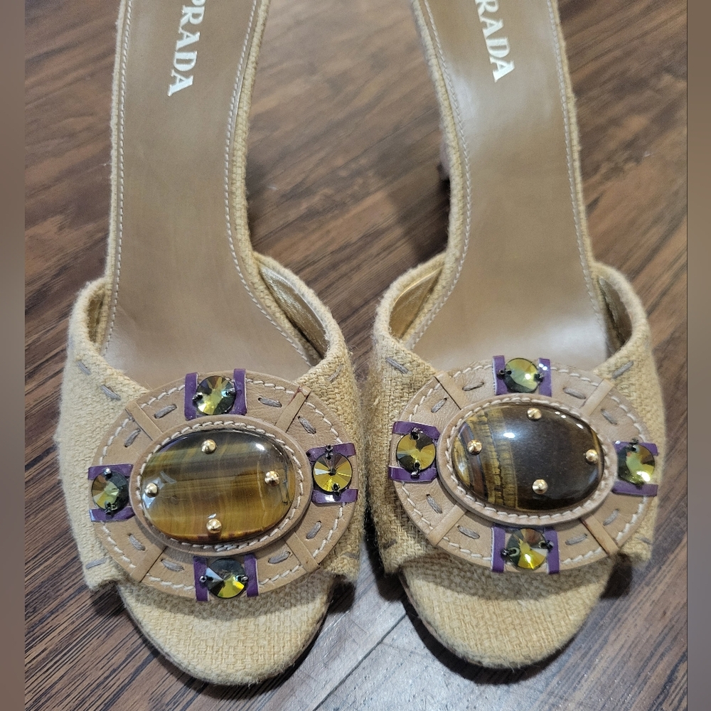 Prada Tiger Eye Embellished Tweed Wedge Heels - Picture 2 of 7